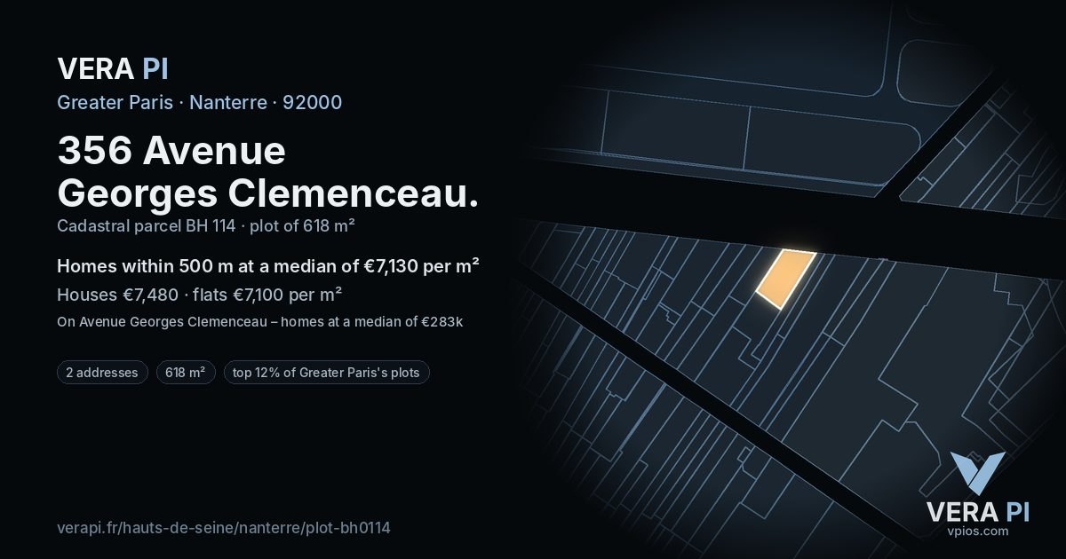 356 Avenue Georges Clemenceau, Nanterre at night – the plot lit, the parcels around coloured by the prices near them