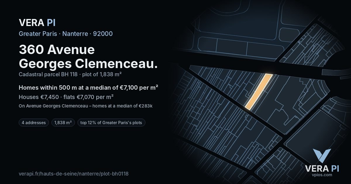 360 Avenue Georges Clemenceau, Nanterre at night – the plot lit, the parcels around coloured by the prices near them
