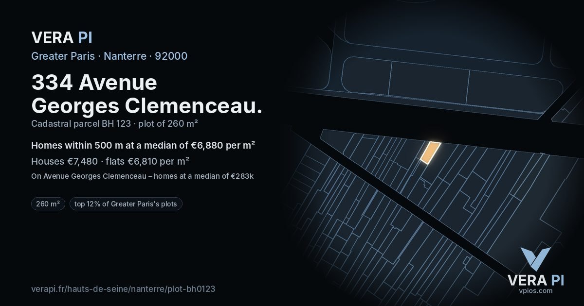 334 Avenue Georges Clemenceau, Nanterre at night – the plot lit, the parcels around coloured by the prices near them