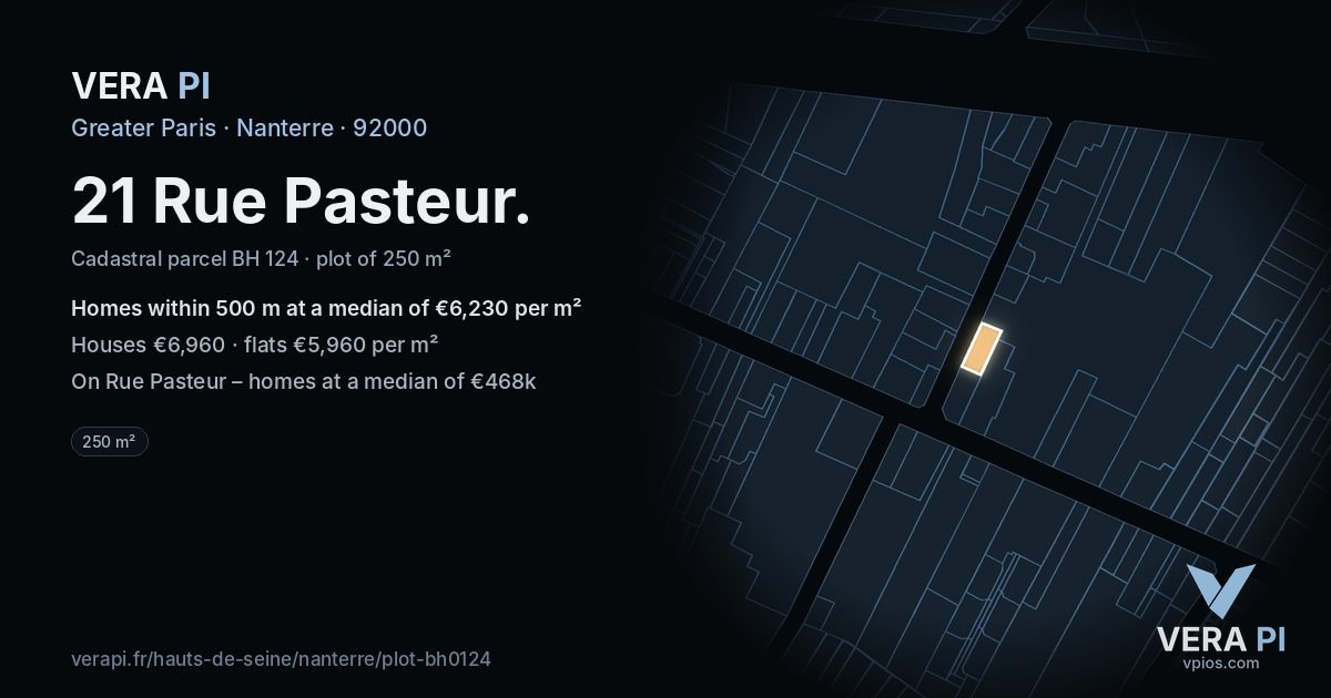 21 Rue Pasteur, Nanterre at night – the plot lit, the parcels around coloured by the prices near them