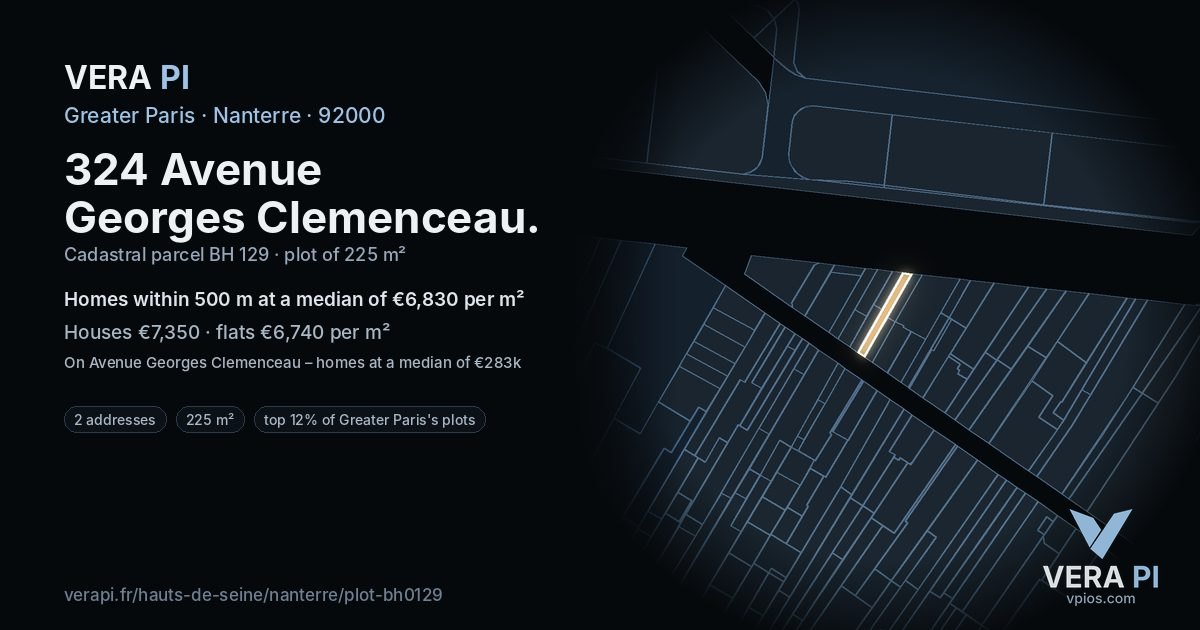 324 Avenue Georges Clemenceau, Nanterre at night – the plot lit, the parcels around coloured by the prices near them