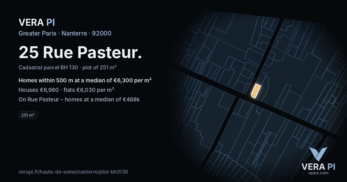 25 Rue Pasteur, Nanterre at night – the plot lit, the parcels around coloured by the prices near them