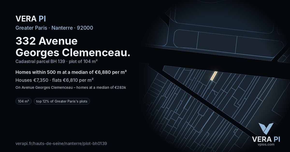 332 Avenue Georges Clemenceau, Nanterre at night – the plot lit, the parcels around coloured by the prices near them