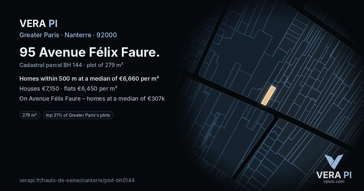 95 Avenue Félix Faure, Nanterre at night – the plot lit, the parcels around coloured by the prices near them