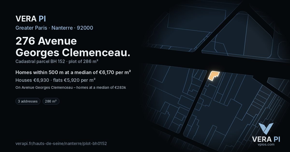 276 Avenue Georges Clemenceau, Nanterre at night – the plot lit, the parcels around coloured by the prices near them
