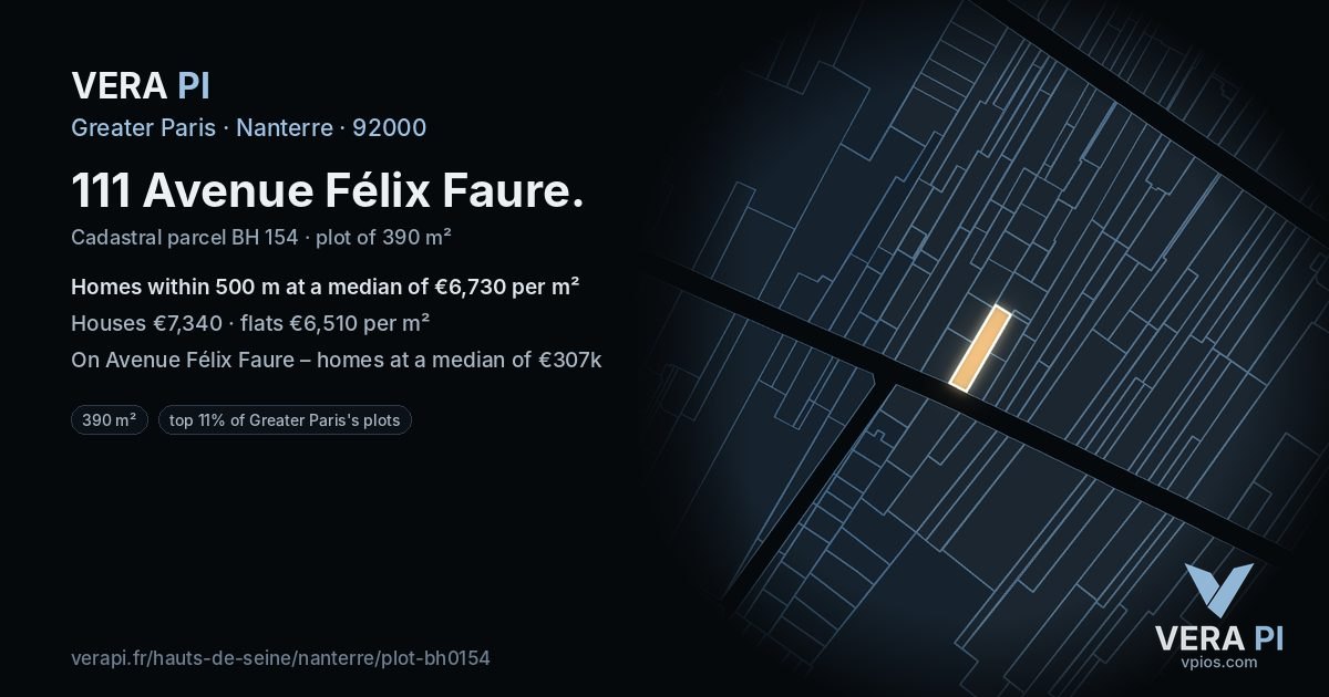 111 Avenue Félix Faure, Nanterre at night – the plot lit, the parcels around coloured by the prices near them