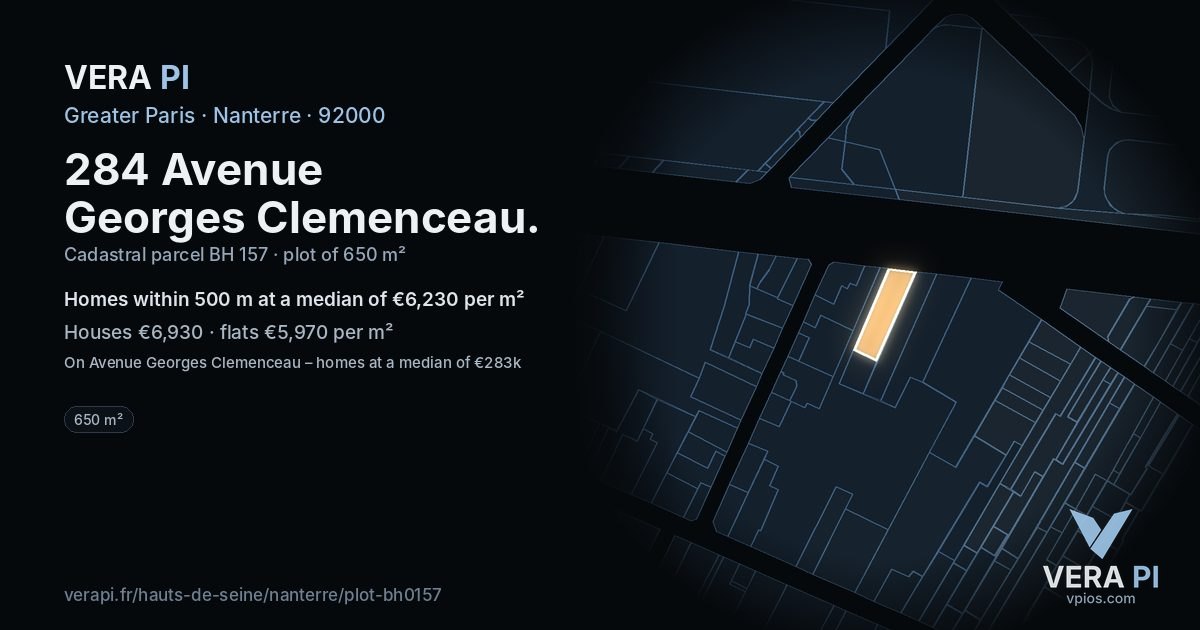 284 Avenue Georges Clemenceau, Nanterre at night – the plot lit, the parcels around coloured by the prices near them