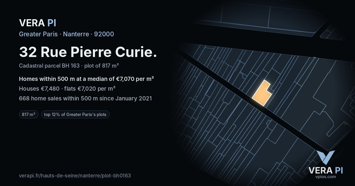 32 Rue Pierre Curie, Nanterre at night – the plot lit, the parcels around coloured by the prices near them