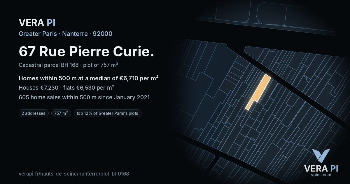 67 Rue Pierre Curie, Nanterre at night – the plot lit, the parcels around coloured by the prices near them