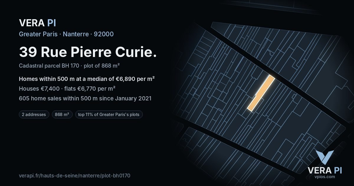 39 Rue Pierre Curie, Nanterre at night – the plot lit, the parcels around coloured by the prices near them