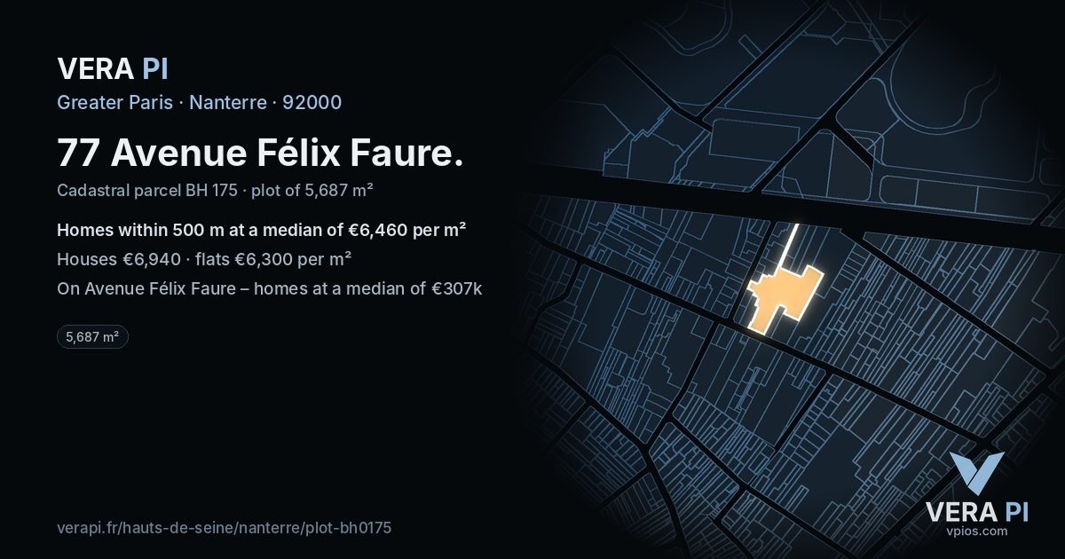 77 Avenue Félix Faure, Nanterre at night – the plot lit, the parcels around coloured by the prices near them
