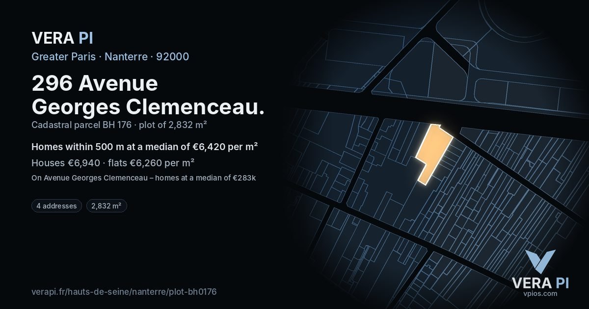 296 Avenue Georges Clemenceau, Nanterre at night – the plot lit, the parcels around coloured by the prices near them