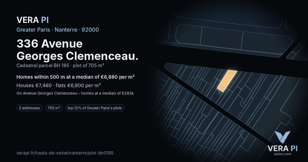 336 Avenue Georges Clemenceau, Nanterre at night – the plot lit, the parcels around coloured by the prices near them