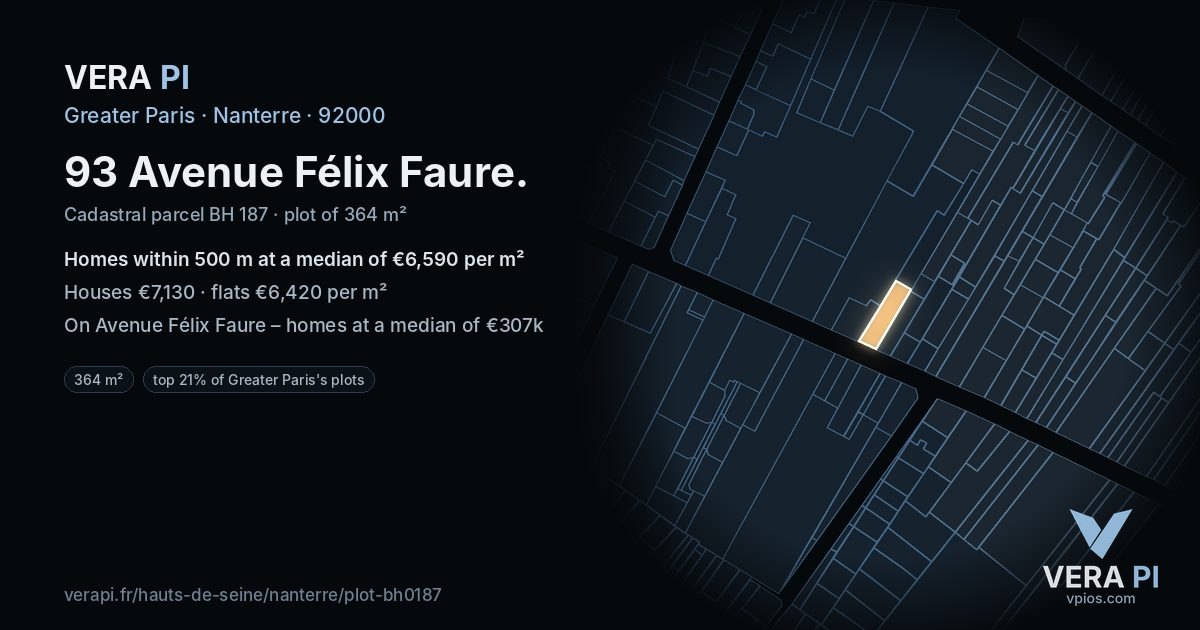 93 Avenue Félix Faure, Nanterre at night – the plot lit, the parcels around coloured by the prices near them