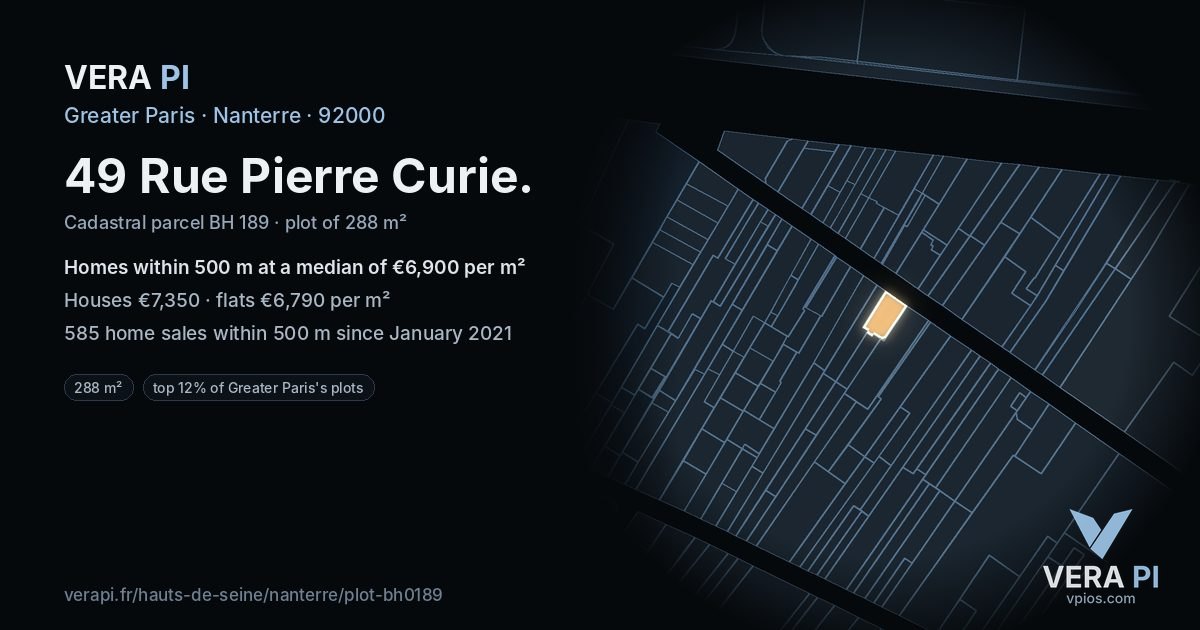 49 Rue Pierre Curie, Nanterre at night – the plot lit, the parcels around coloured by the prices near them