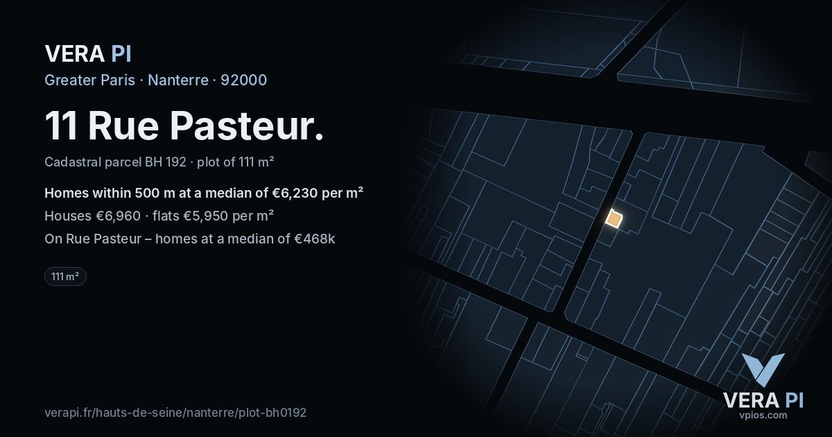 11 Rue Pasteur, Nanterre at night – the plot lit, the parcels around coloured by the prices near them