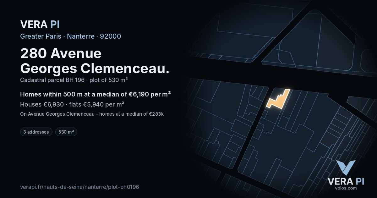 280 Avenue Georges Clemenceau, Nanterre at night – the plot lit, the parcels around coloured by the prices near them