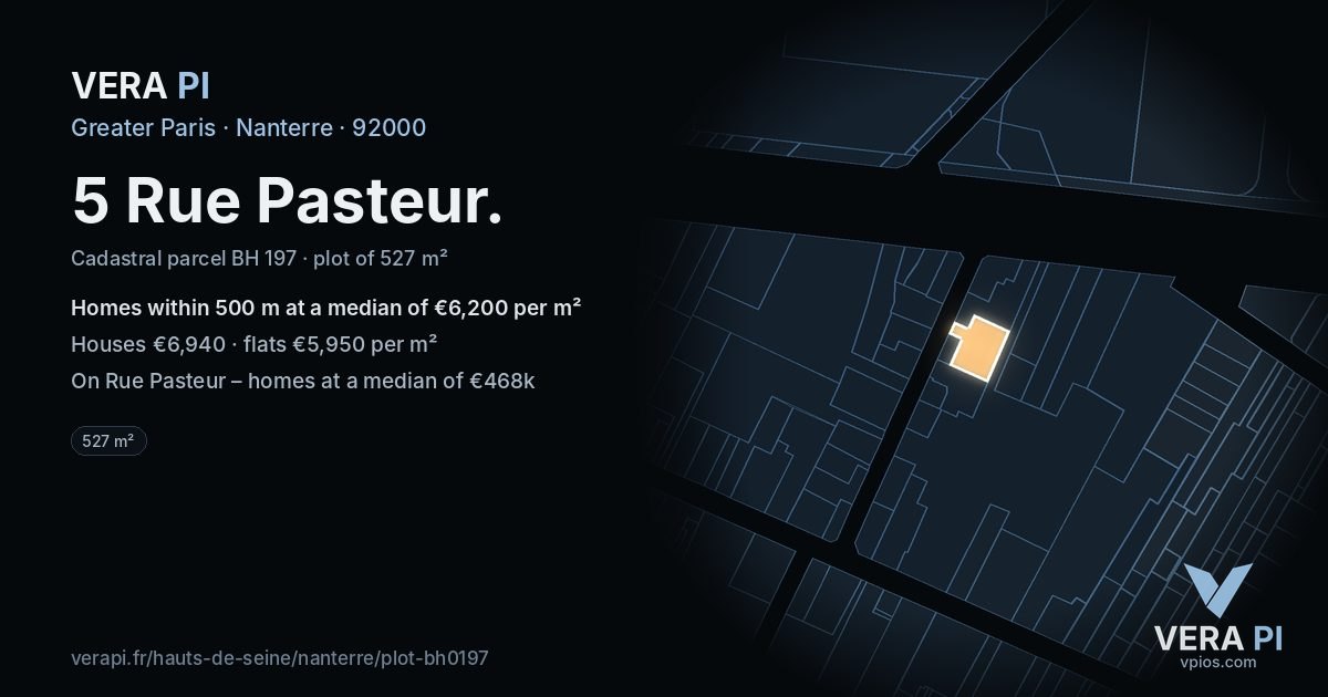 5 Rue Pasteur, Nanterre at night – the plot lit, the parcels around coloured by the prices near them