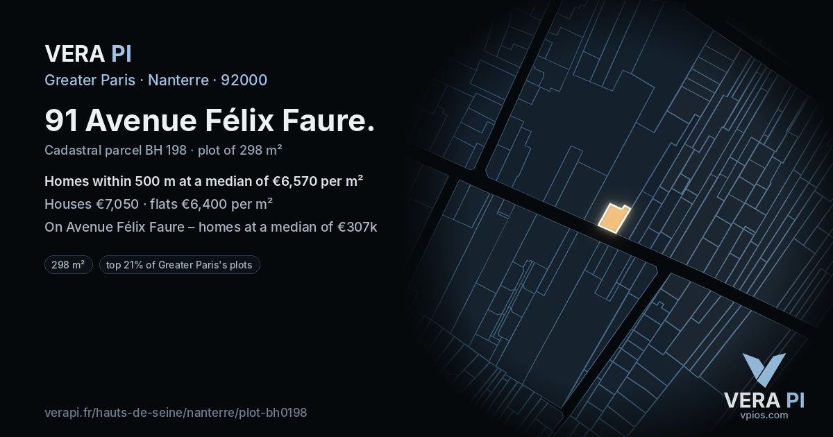 91 Avenue Félix Faure, Nanterre at night – the plot lit, the parcels around coloured by the prices near them