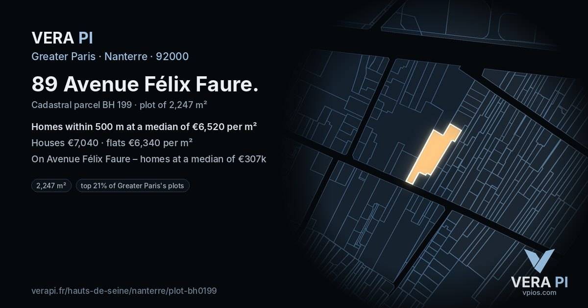 89 Avenue Félix Faure, Nanterre at night – the plot lit, the parcels around coloured by the prices near them