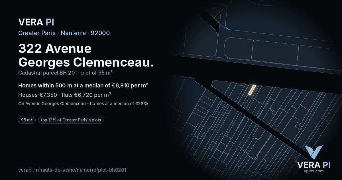 322 Avenue Georges Clemenceau, Nanterre at night – the plot lit, the parcels around coloured by the prices near them
