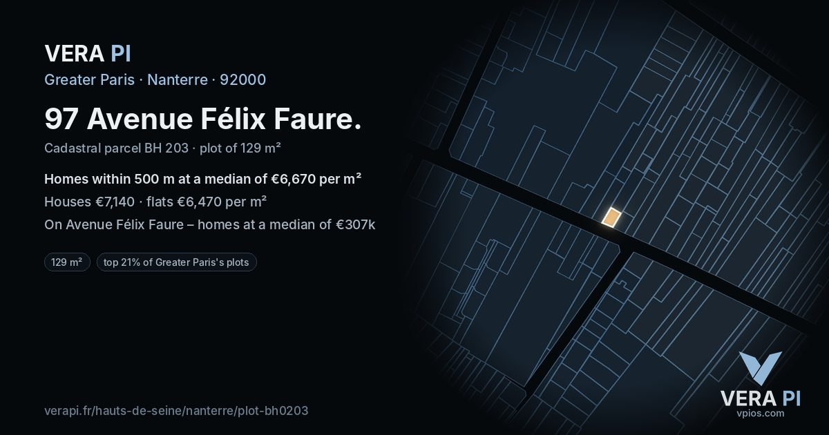 97 Avenue Félix Faure, Nanterre at night – the plot lit, the parcels around coloured by the prices near them