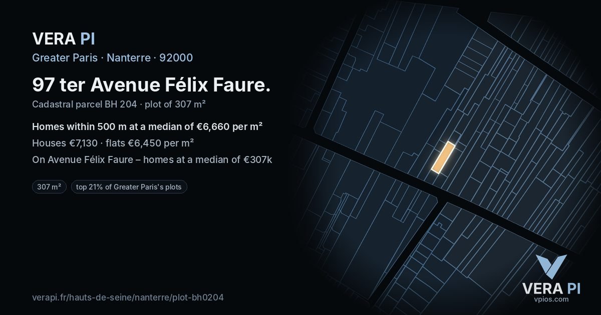 97 ter Avenue Félix Faure, Nanterre at night – the plot lit, the parcels around coloured by the prices near them