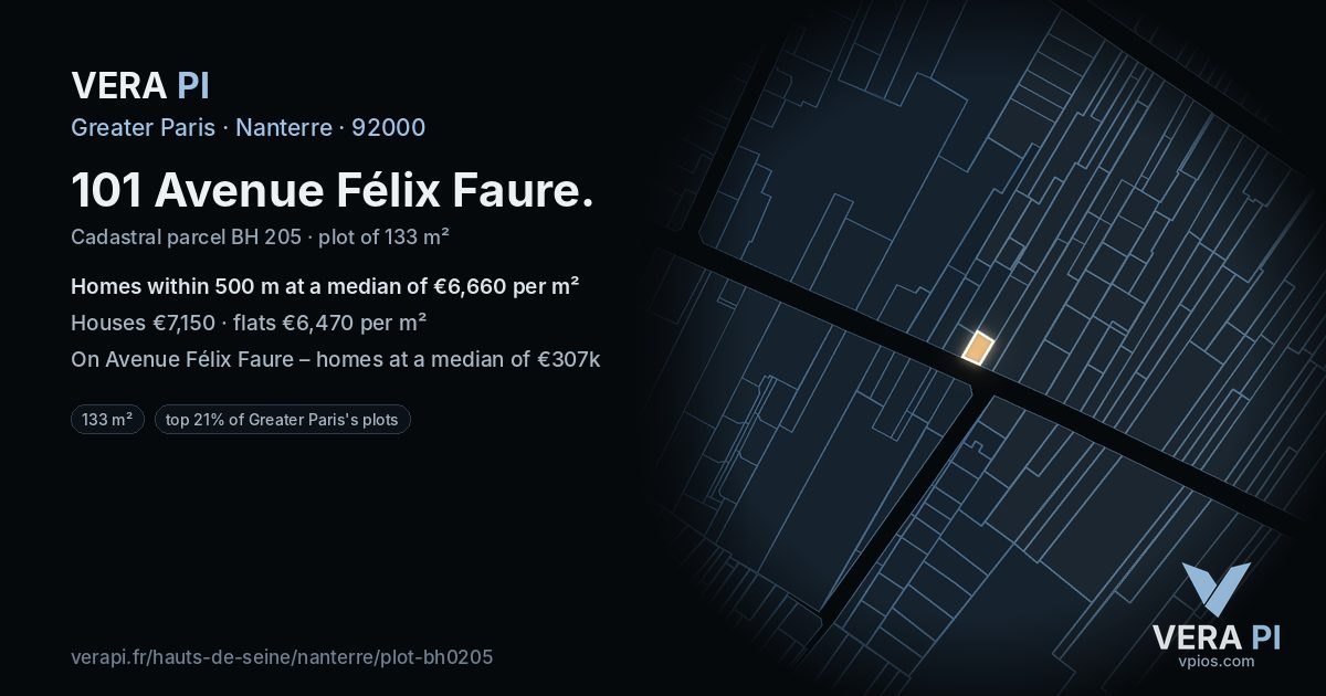 101 Avenue Félix Faure, Nanterre at night – the plot lit, the parcels around coloured by the prices near them