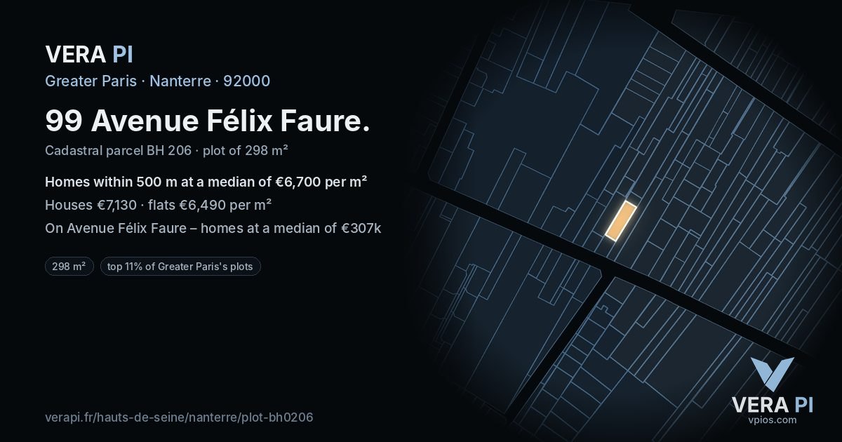 99 Avenue Félix Faure, Nanterre at night – the plot lit, the parcels around coloured by the prices near them