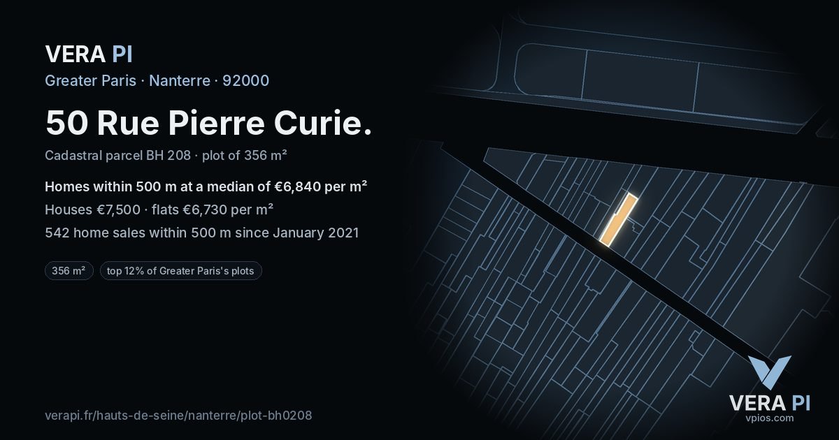 50 Rue Pierre Curie, Nanterre at night – the plot lit, the parcels around coloured by the prices near them