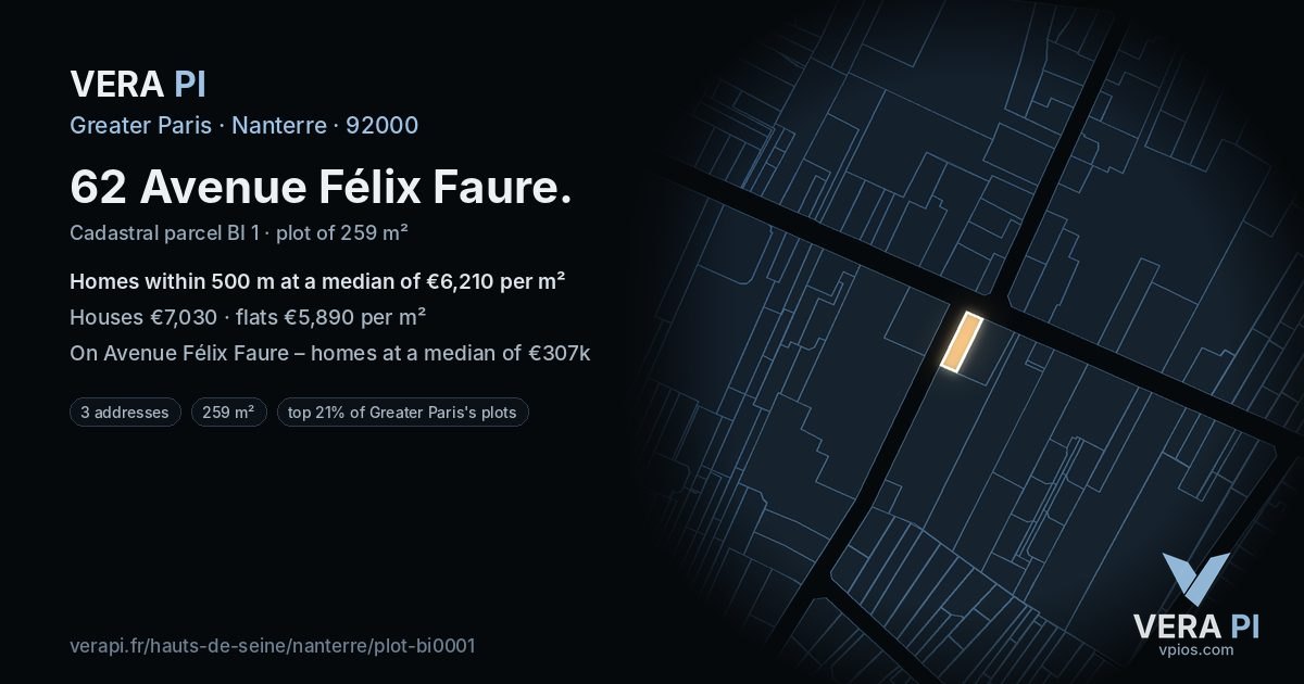 62 Avenue Félix Faure, Nanterre at night – the plot lit, the parcels around coloured by the prices near them