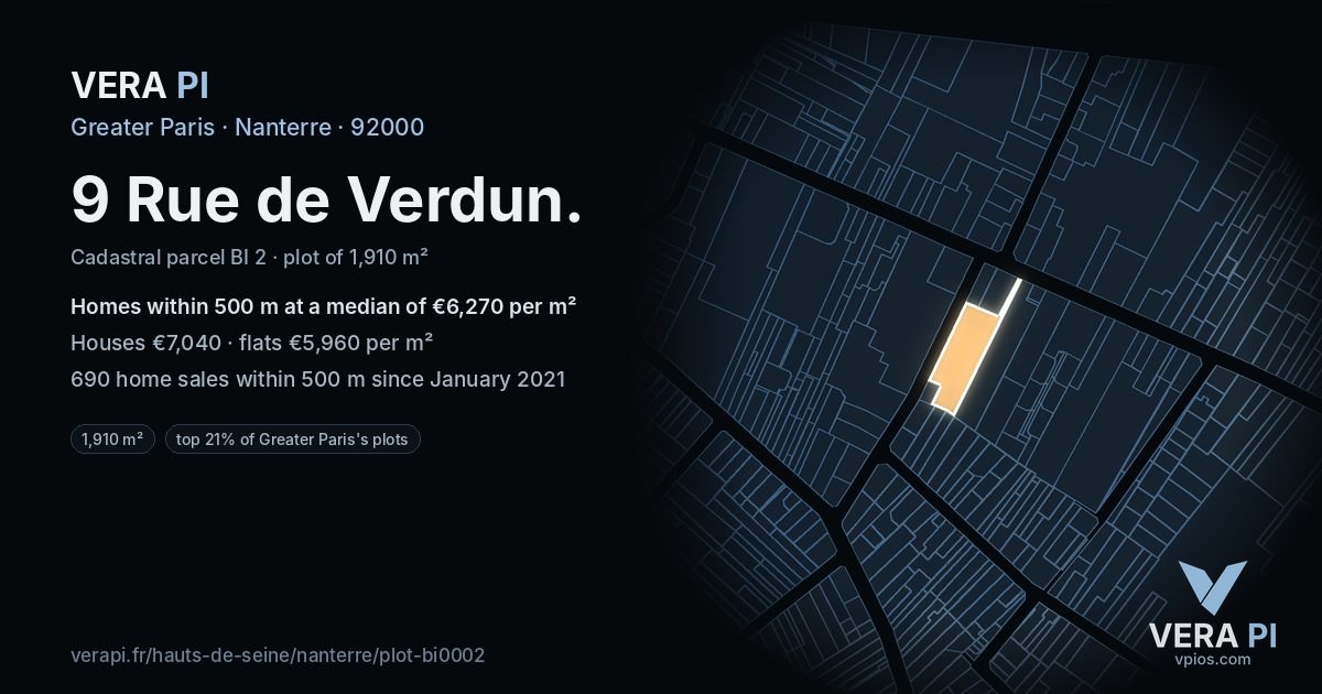 9 Rue de Verdun, Nanterre at night – the plot lit, the parcels around coloured by the prices near them