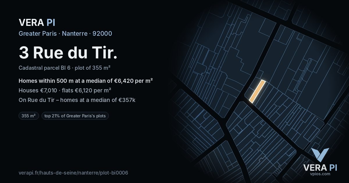 3 Rue du Tir, Nanterre at night – the plot lit, the parcels around coloured by the prices near them