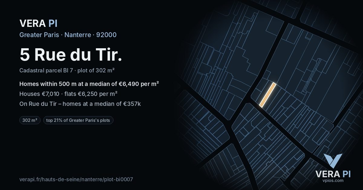 5 Rue du Tir, Nanterre at night – the plot lit, the parcels around coloured by the prices near them