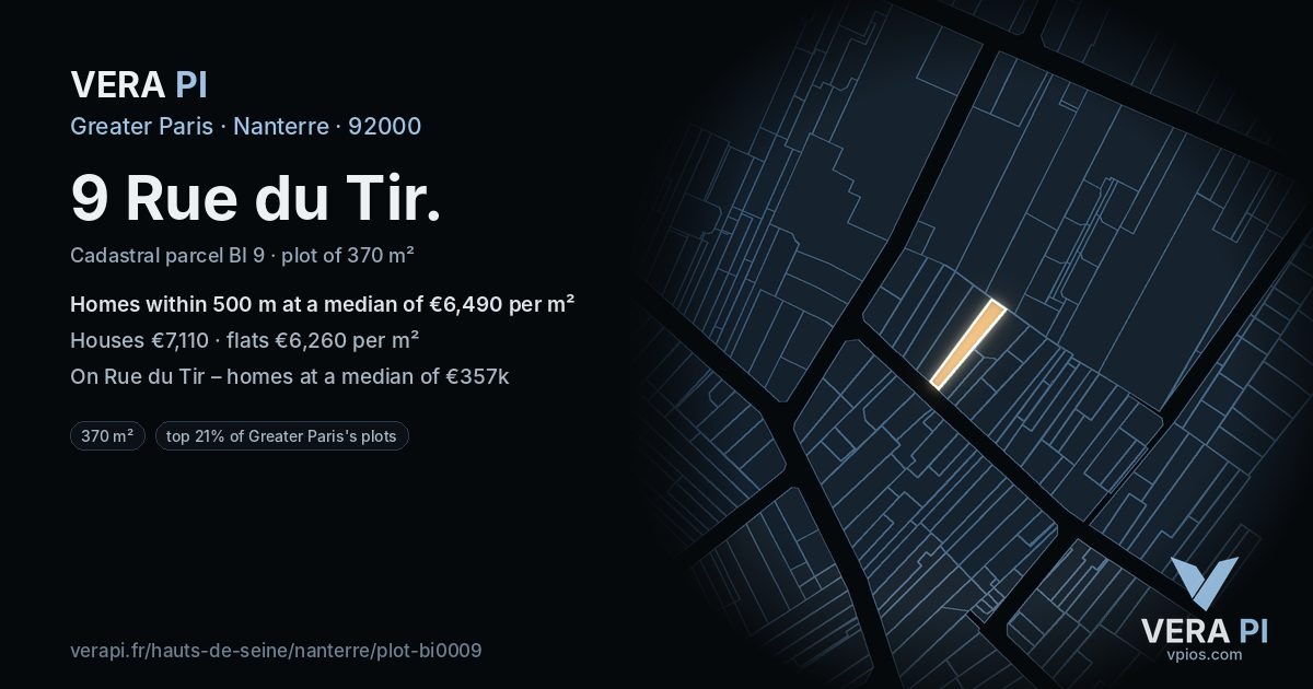 9 Rue du Tir, Nanterre at night – the plot lit, the parcels around coloured by the prices near them