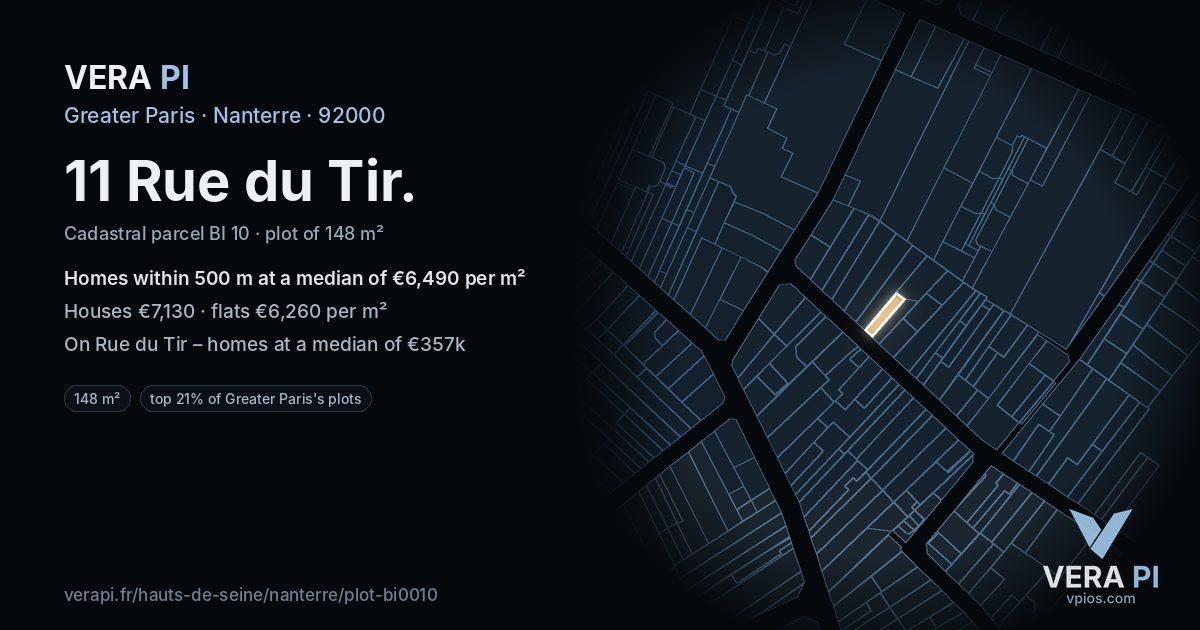 11 Rue du Tir, Nanterre at night – the plot lit, the parcels around coloured by the prices near them