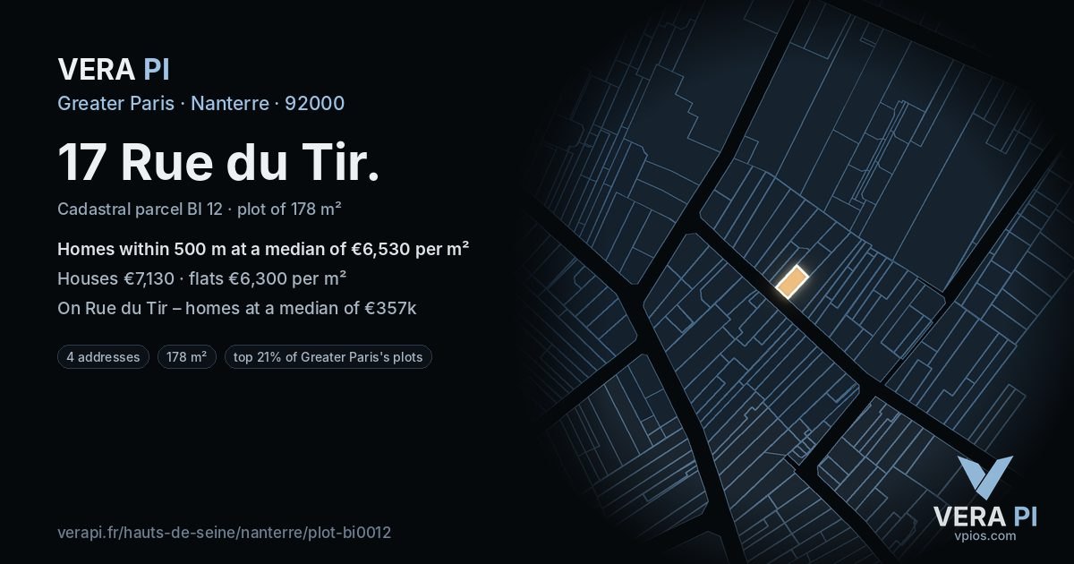 17 Rue du Tir, Nanterre at night – the plot lit, the parcels around coloured by the prices near them