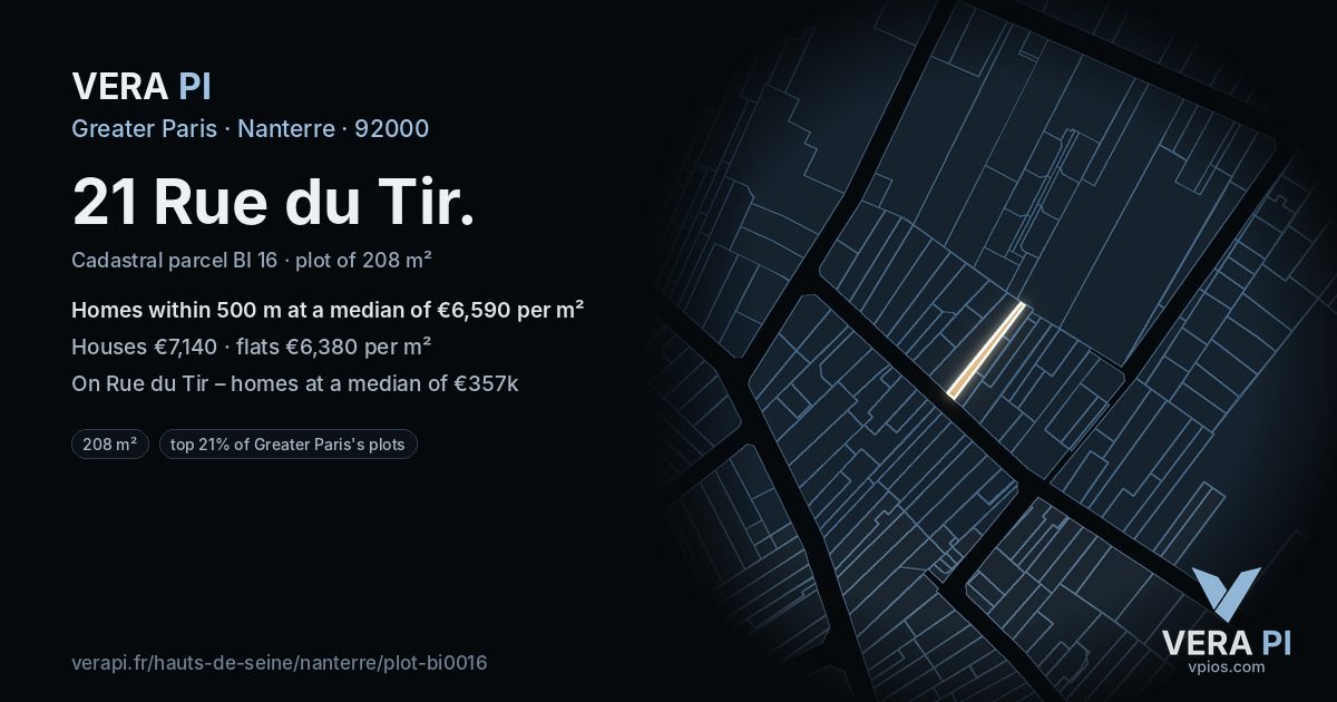 21 Rue du Tir, Nanterre at night – the plot lit, the parcels around coloured by the prices near them