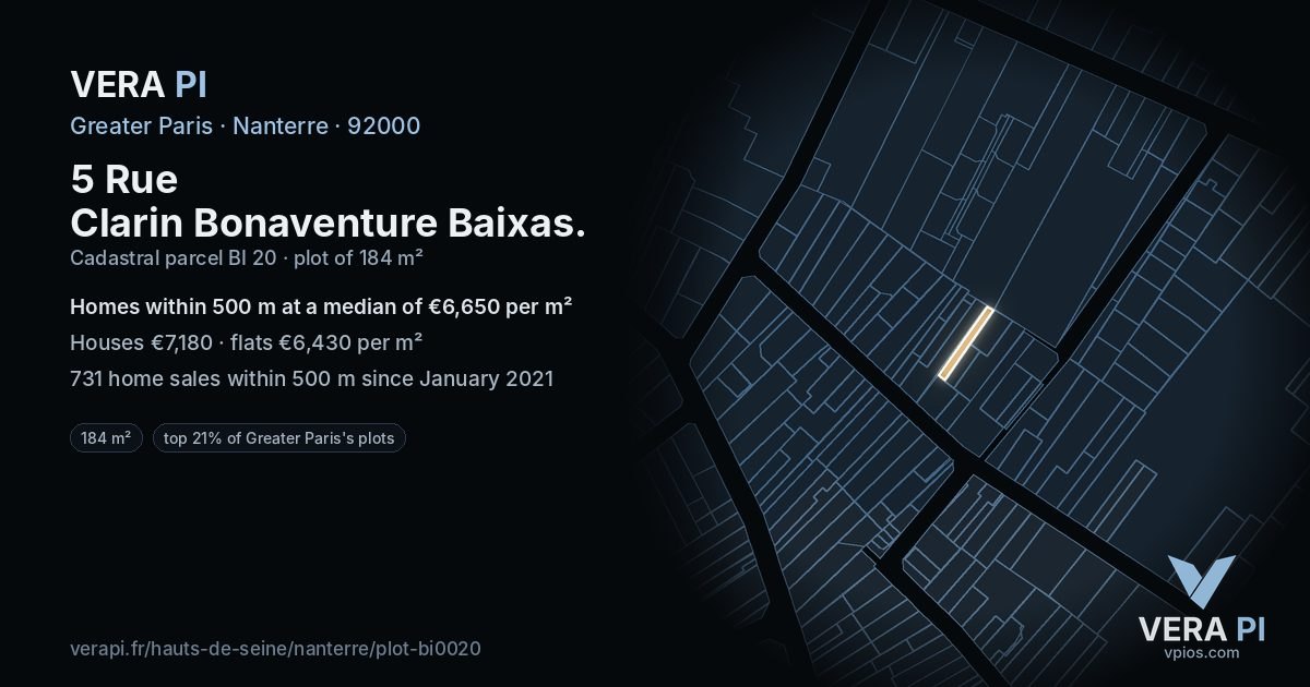 5 Rue Clarin Bonaventure Baixas, Nanterre at night – the plot lit, the parcels around coloured by the prices near them