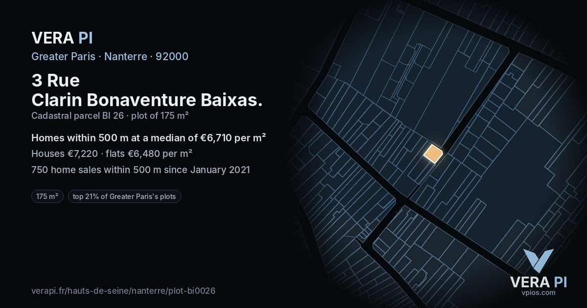 3 Rue Clarin Bonaventure Baixas, Nanterre at night – the plot lit, the parcels around coloured by the prices near them