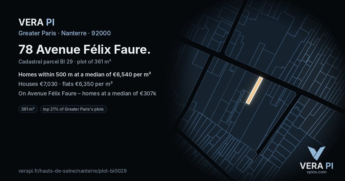 78 Avenue Félix Faure, Nanterre at night – the plot lit, the parcels around coloured by the prices near them