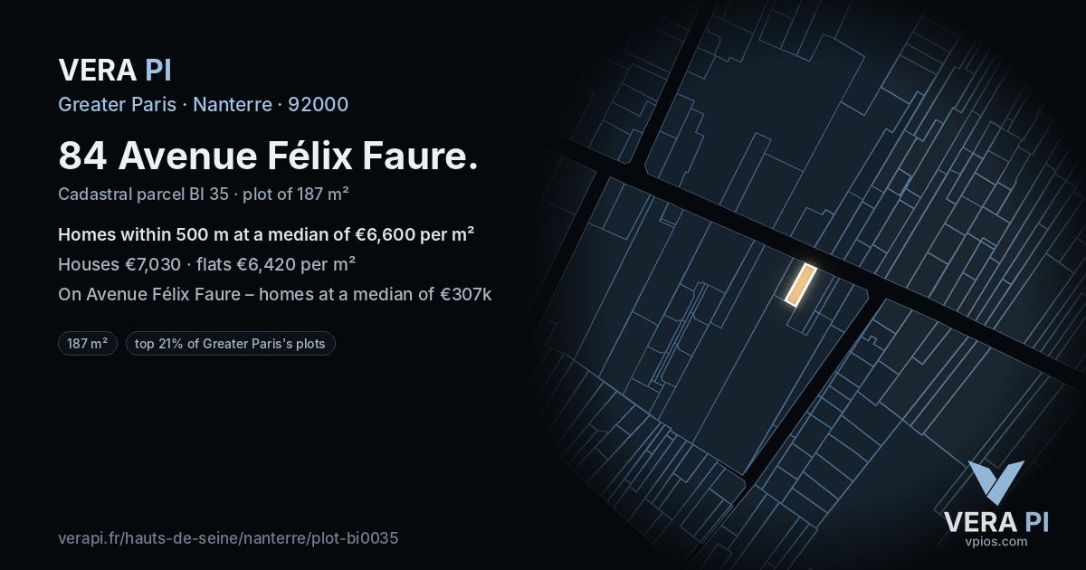 84 Avenue Félix Faure, Nanterre at night – the plot lit, the parcels around coloured by the prices near them