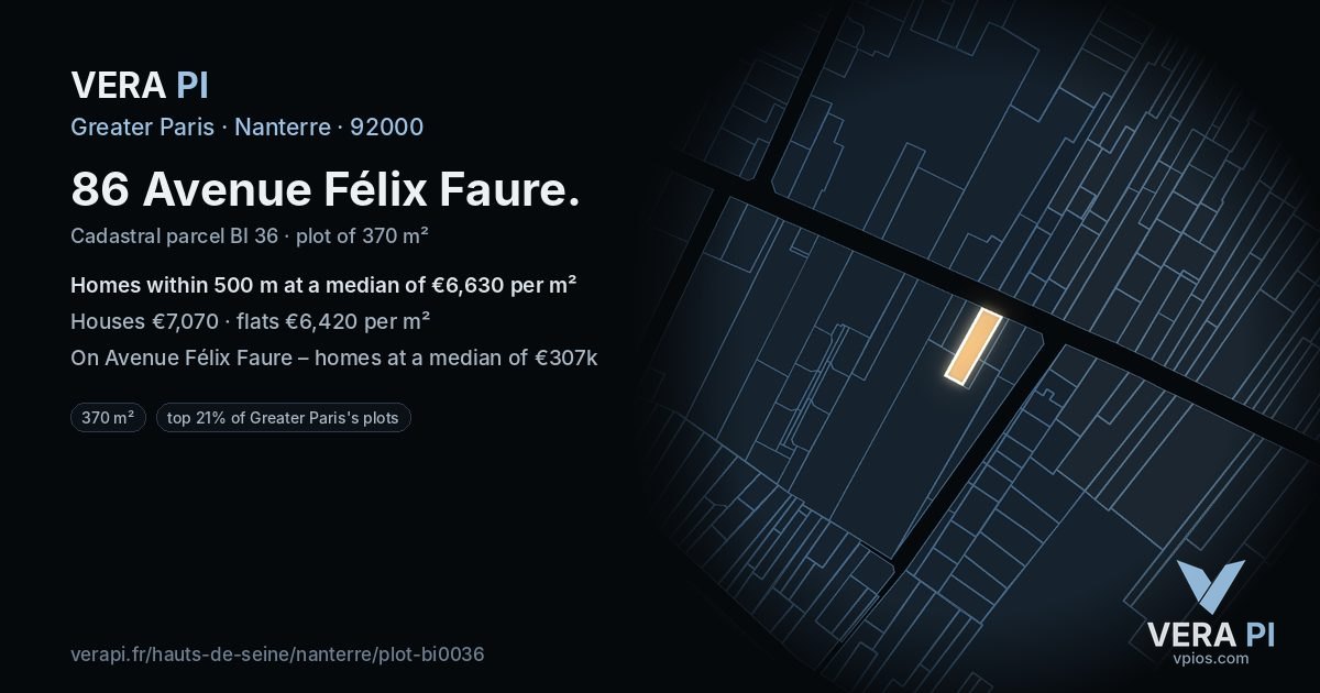 86 Avenue Félix Faure, Nanterre at night – the plot lit, the parcels around coloured by the prices near them