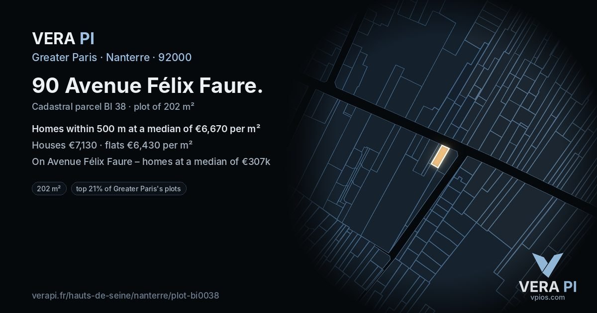 90 Avenue Félix Faure, Nanterre at night – the plot lit, the parcels around coloured by the prices near them