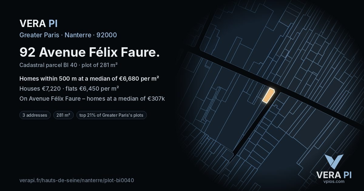 92 Avenue Félix Faure, Nanterre at night – the plot lit, the parcels around coloured by the prices near them