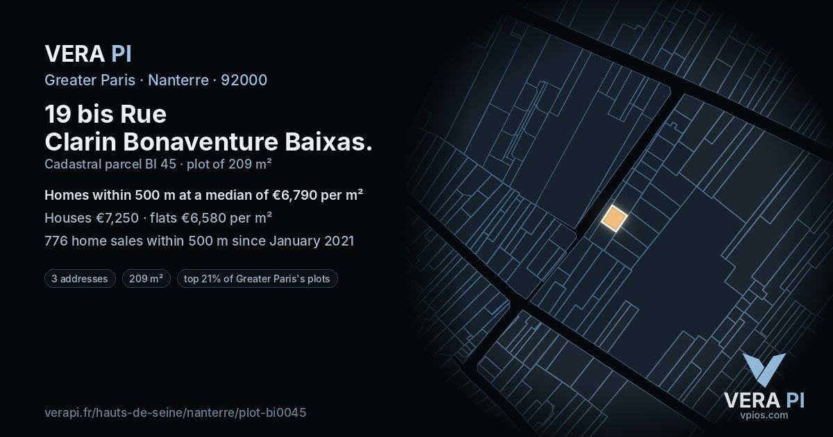 19 bis Rue Clarin Bonaventure Baixas, Nanterre at night – the plot lit, the parcels around coloured by the prices near them