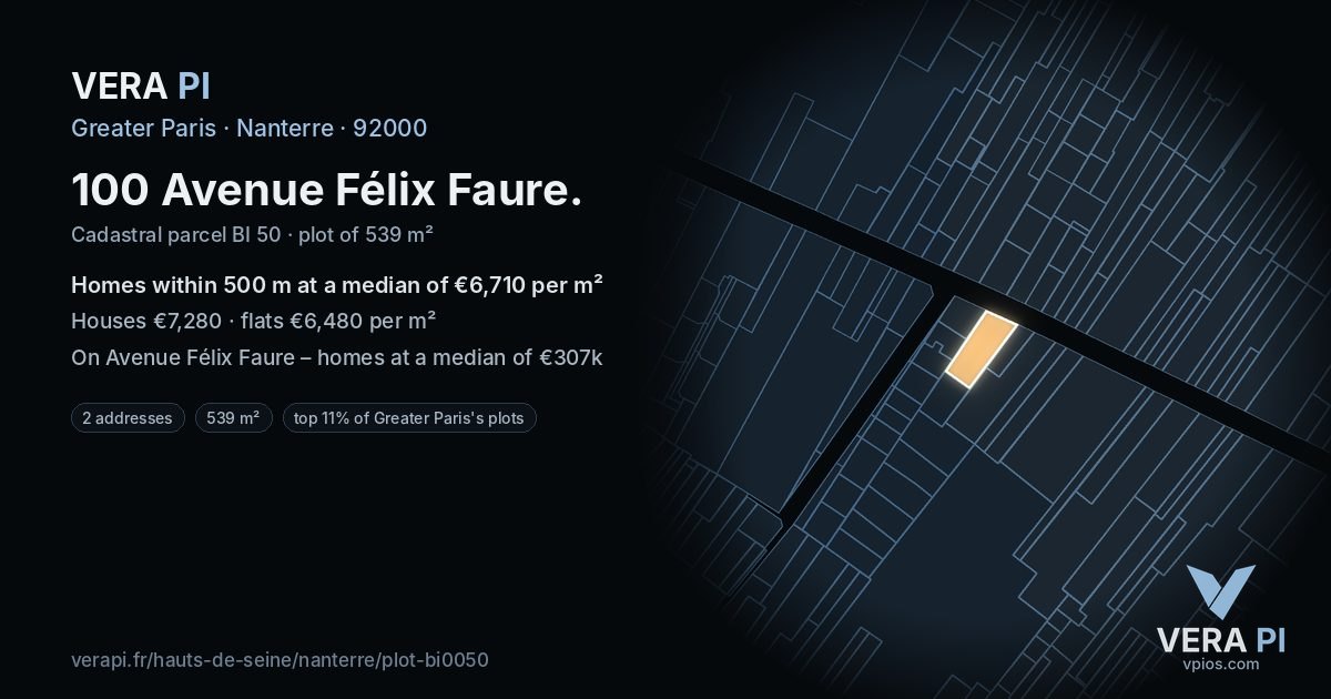 100 Avenue Félix Faure, Nanterre at night – the plot lit, the parcels around coloured by the prices near them