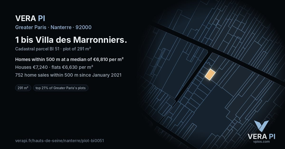 1 bis Villa des Marronniers, Nanterre at night – the plot lit, the parcels around coloured by the prices near them