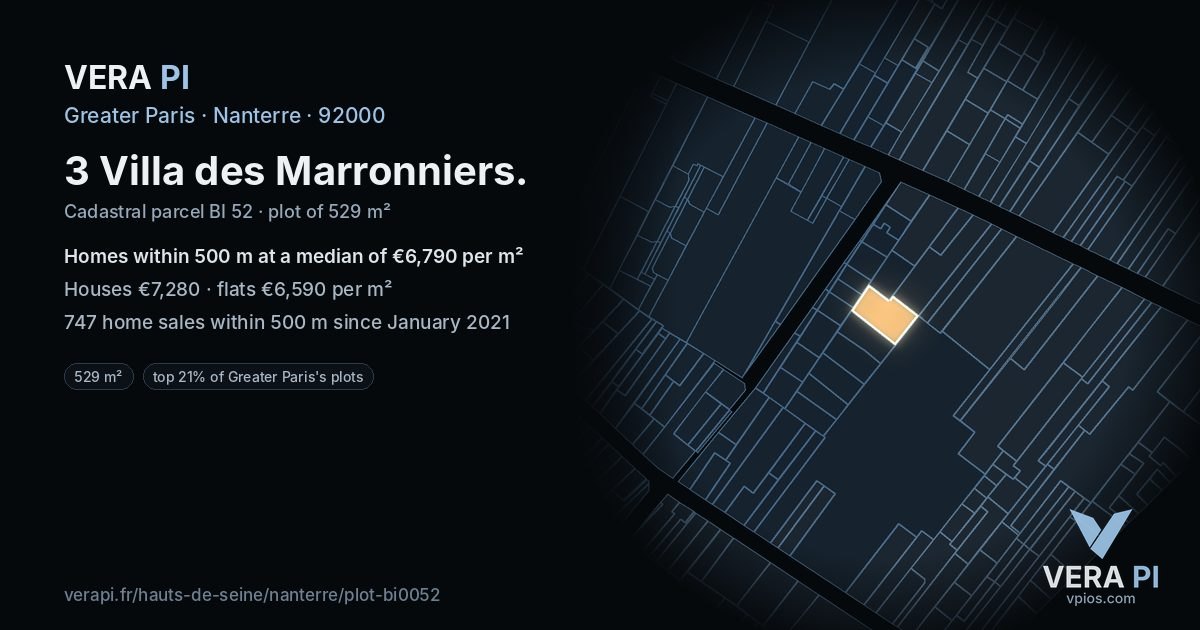 3 Villa des Marronniers, Nanterre at night – the plot lit, the parcels around coloured by the prices near them