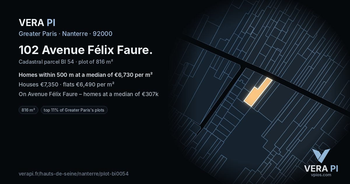 102 Avenue Félix Faure, Nanterre at night – the plot lit, the parcels around coloured by the prices near them